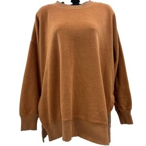 Women's Aerie large oversized Fleece Sweatshirt Cognac Crew‎ Neck Side Slit